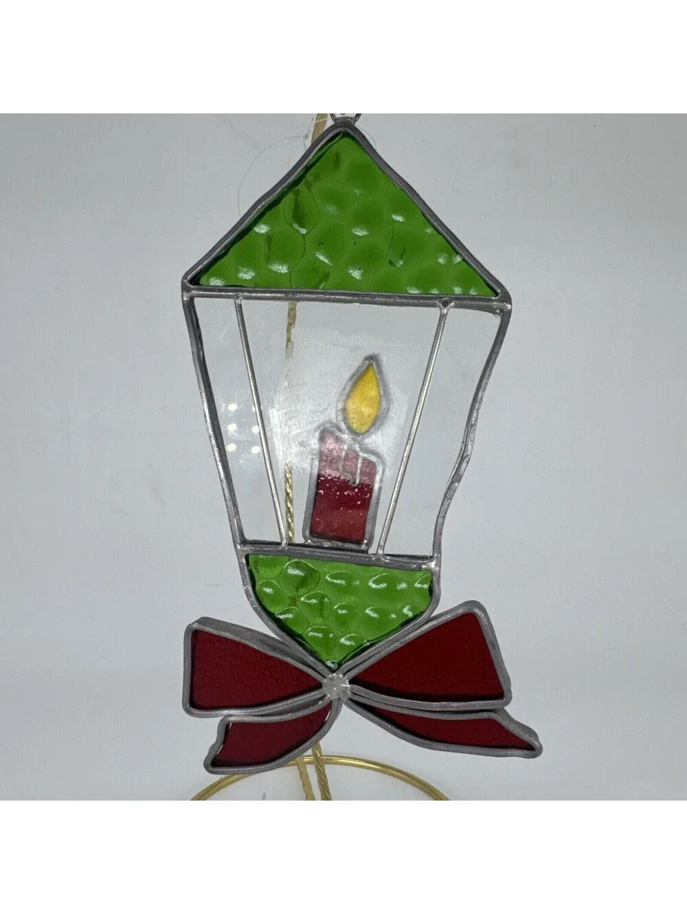 2 Vintage Handmade Stained Glass Suncatcher Ornaments Santa Candle Lantern Bow